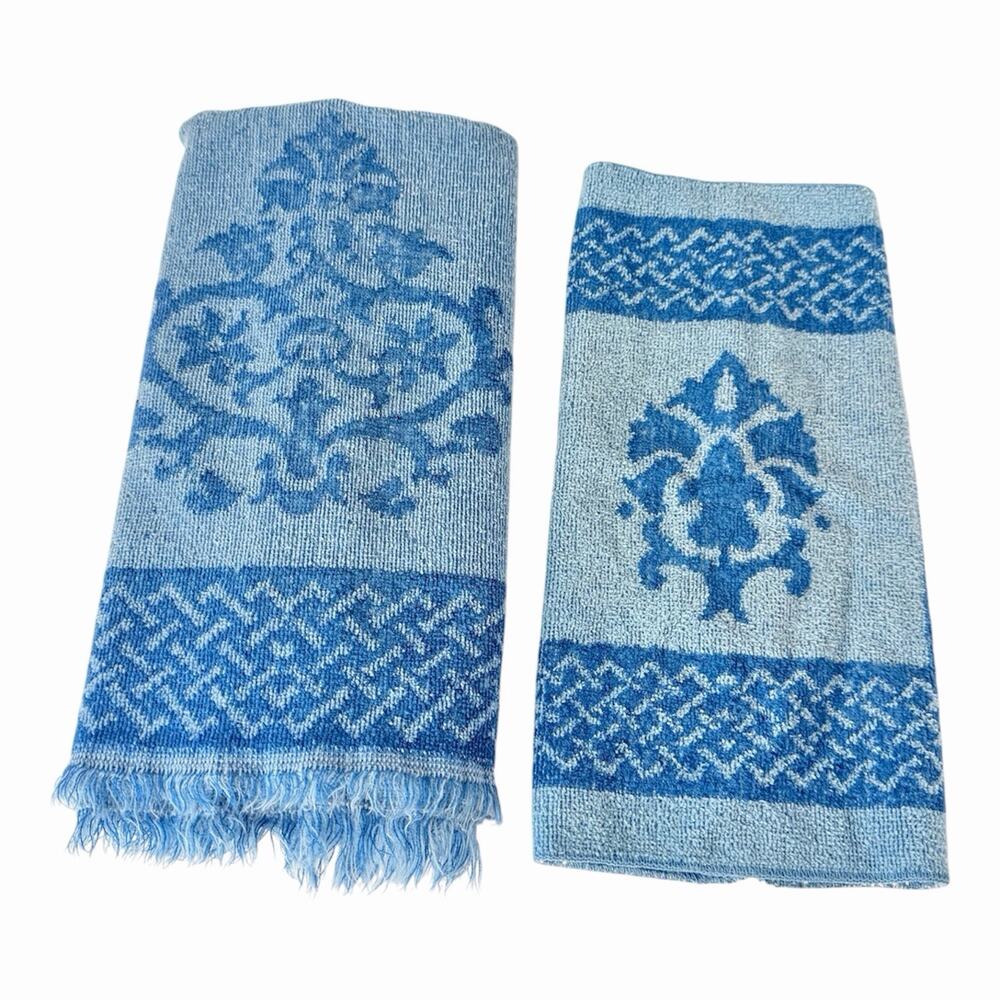 Vintage St. Marys Floral Bath Towel Hand Towel And Washcloth Set Blue Cotton USA